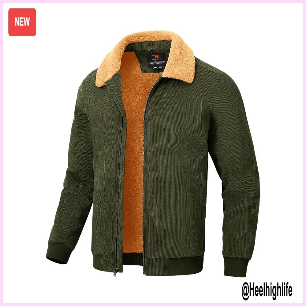 Men's Sherpa Lined Corduroy Fleece Jacket, Winter Coat With Turn-Down Collar